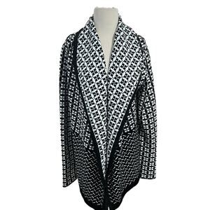 Juliette Jake Black White Open Cardigan Geometric Assymetrical Wool Blend M/L
